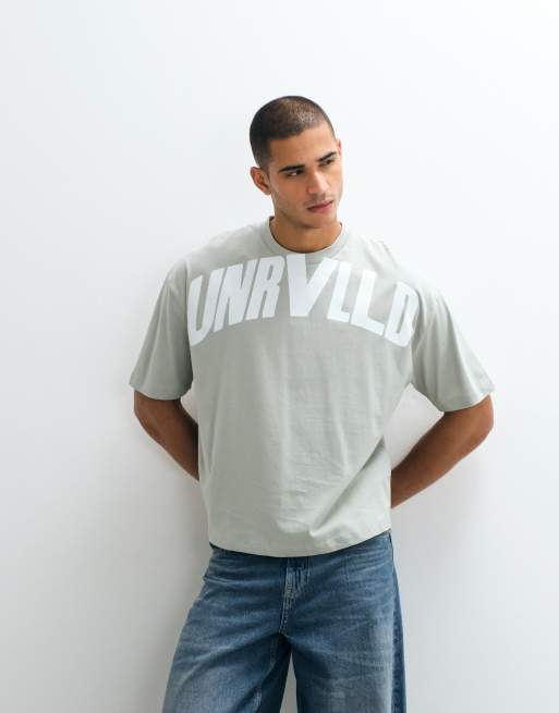 ASOS DESIGN boxy oversized t-shirt with large text graphic in grey, 4 of 5