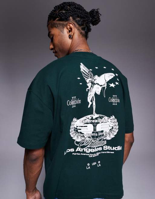 ASOS DESIGN boxy oversized t-shirt with Los Angeles graphic in dark green, 4 of 4