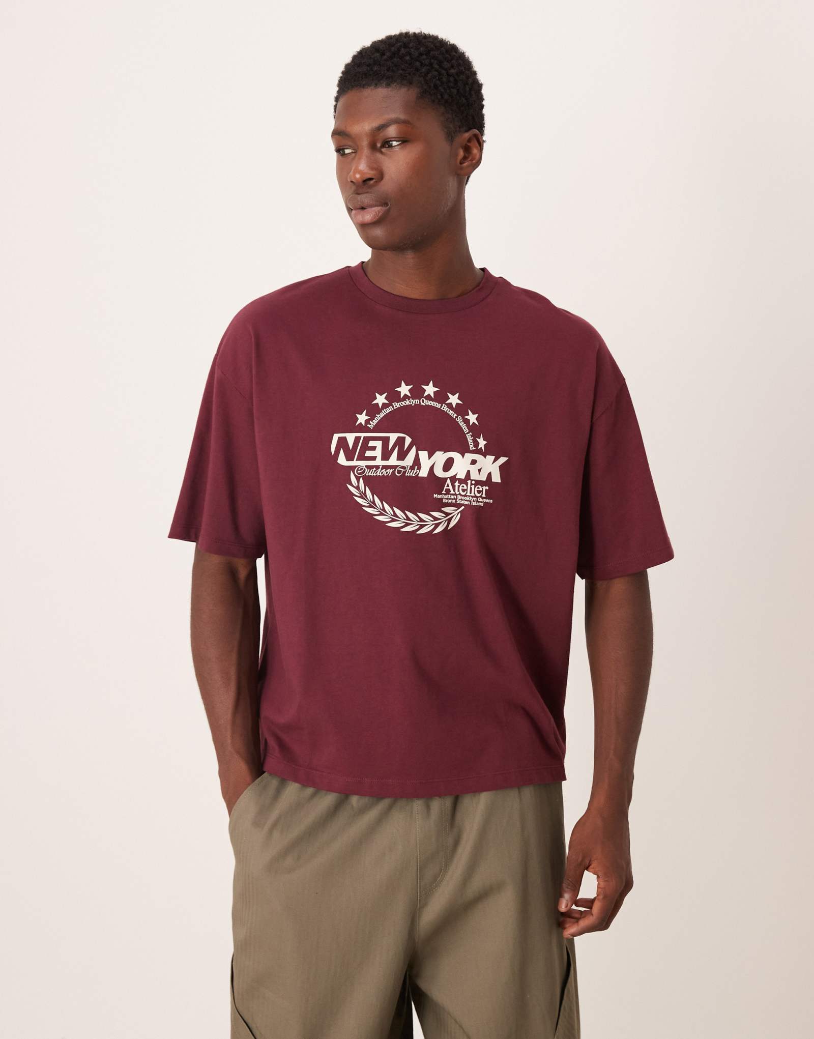 ДИЗАЙНЕРСКАЯ футболка свободного кроя оверсайз от ASOS с изображением Нью-Йорка бордового цвета