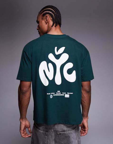 ASOS DESIGN boxy oversized T-shirt with NYC text print in dark green - view 1