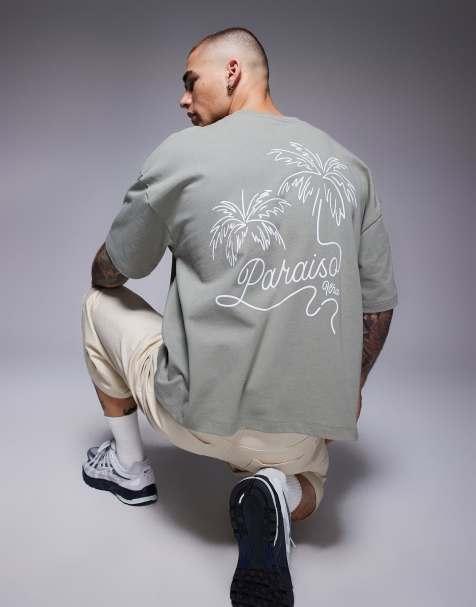 ASOS DESIGN boxy oversized T-shirt with palm graphic in gray green - view 1