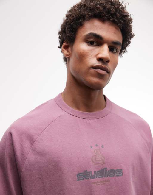 ASOS DESIGN boxy oversized t-shirt with panelling and text graphic in pink wash, 2 of 5
