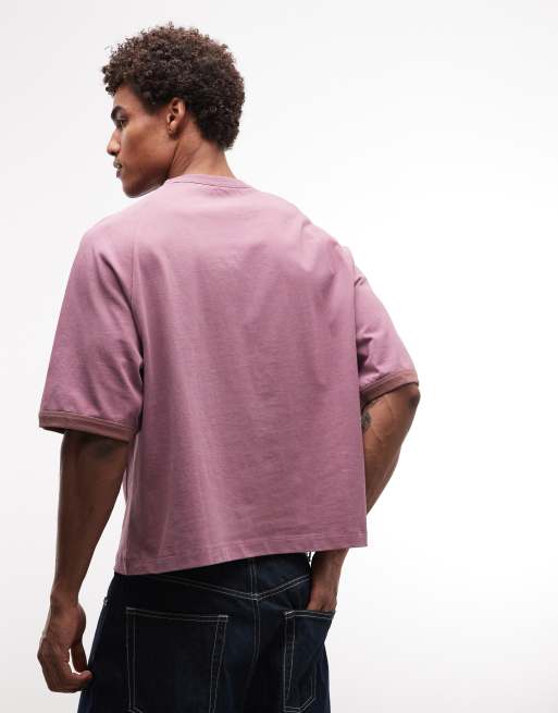 ASOS DESIGN boxy oversized t-shirt with panelling and text graphic in pink wash, 4 of 5