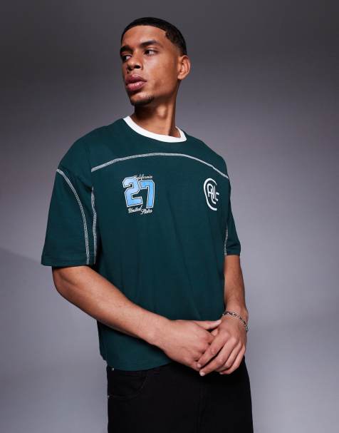 ASOS DESIGN boxy oversized t-shirt with piping detail and athletic graphic in dark green - view 1