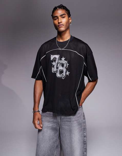 ASOS DESIGN boxy oversized T-shirt with piping detail and number graphic in black airtex - view 1