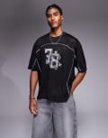 [ASOS DESIGN] ASOS DESIGN boxy oversized t-shirt with piping detail and number graphic in black airtex S BLACK