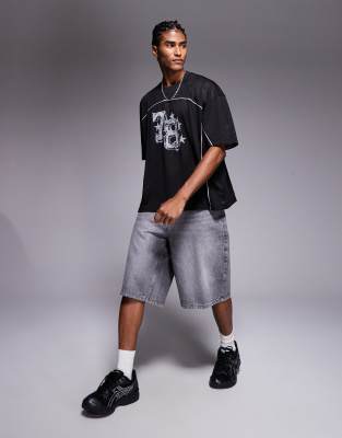 Asos Design Boxy Oversized T-shirt With Piping Detail And Number Graphic In Black