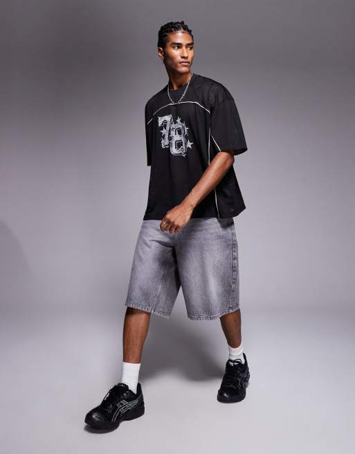 ASOS DESIGN boxy oversized T-shirt with piping detail and number graphic in black airtex