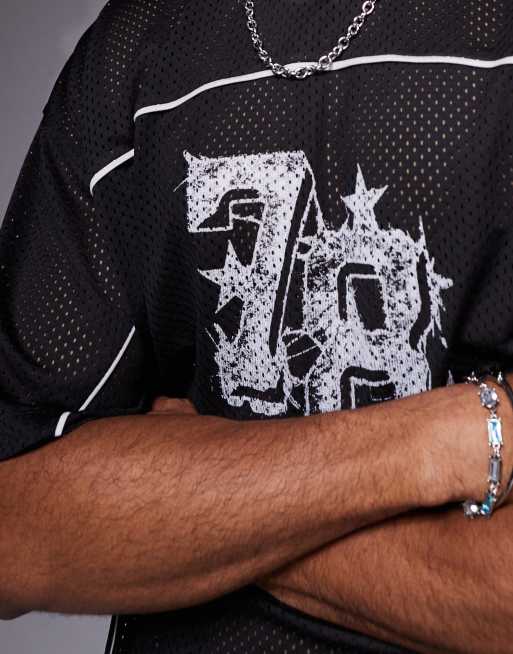 ASOS DESIGN boxy oversized T-shirt with piping detail and number graphic in black airtex