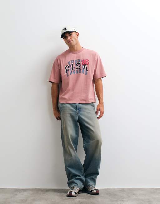 ASOS DESIGN boxy oversized t-shirt with Pisa print in pink wash, 2 of 5
