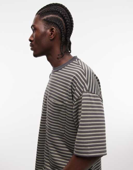 ASOS DESIGN boxy oversized t-shirt with pocket detail in green thin stripe, 2 of 5