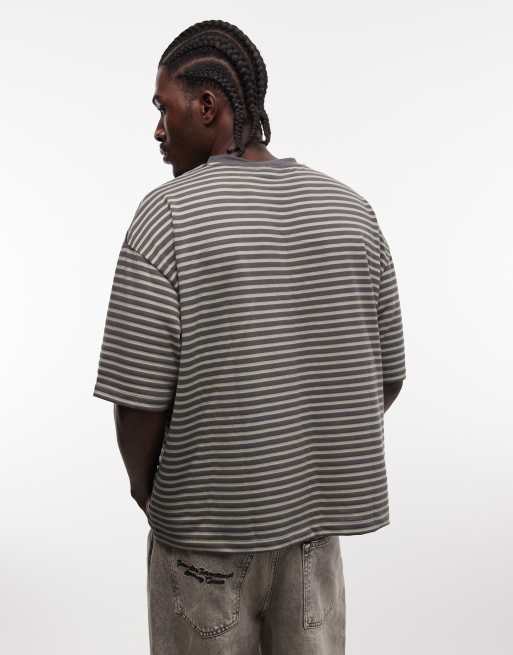 ASOS DESIGN boxy oversized t-shirt with pocket detail in green thin stripe, 3 of 5