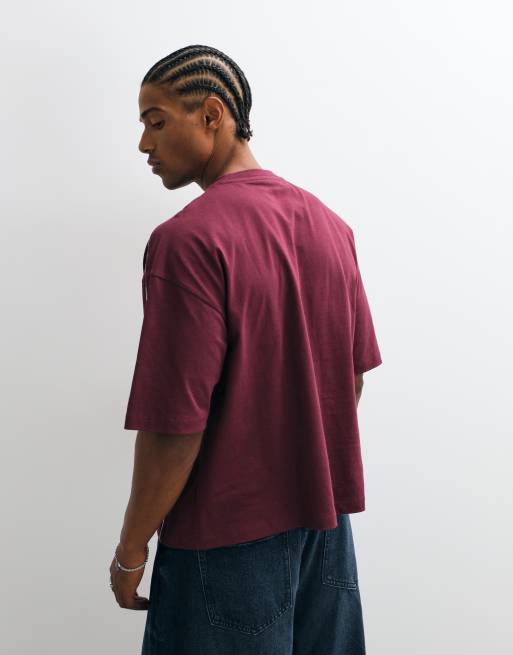 ASOS DESIGN boxy oversized T-shirt with print and contrast piping in burgundy, 5 of 5
