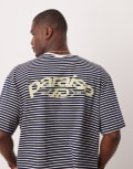 [ASOS DESIGN] ASOS DESIGN boxy oversized t-shirt with print in black and white stripe-Navy M Black and white