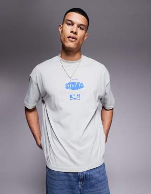 Asos Design Boxy Oversized T-shirt With Puff Print In Gray