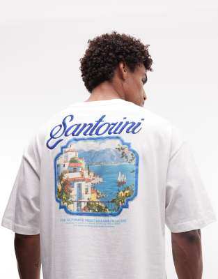 Asos Design Boxy Oversized T-shirt With Santorini Graphic In White