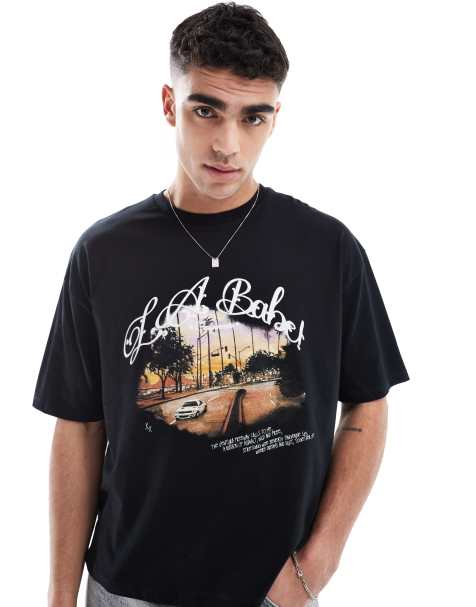 ASOS DESIGN boxy oversized t-shirt with scenic graphic in black - view 1