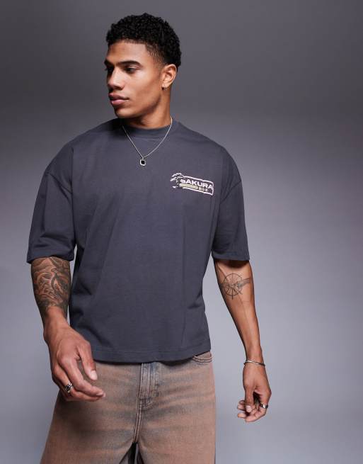 ASOS DESIGN boxy oversized T-shirt with scenic graphic in charcoal