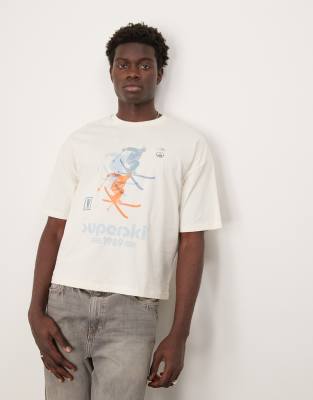 boxy oversized t-shirt with ski sports graphic in cream-White