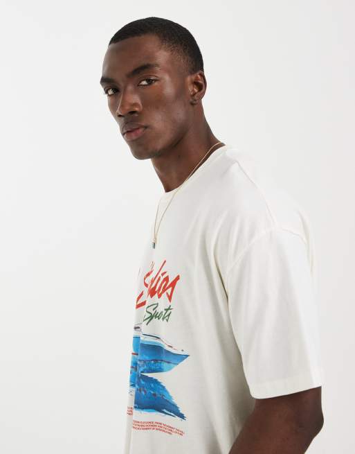 ASOS DESIGN boxy oversized t-shirt with speedboat graphic in cream, 3 of 5