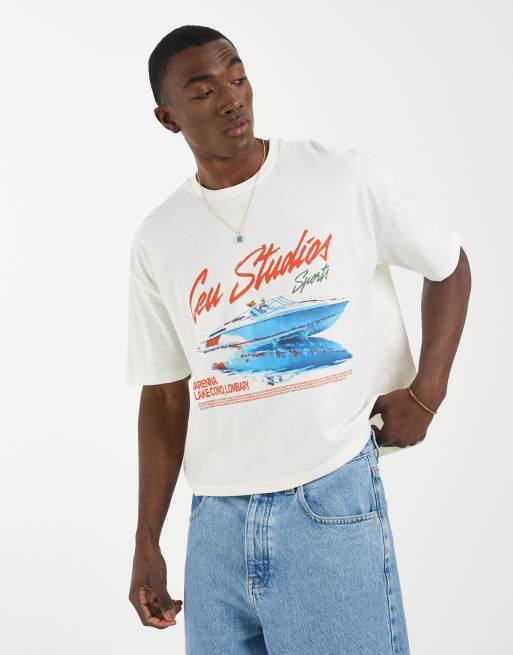 ASOS DESIGN boxy oversized t-shirt with speedboat graphic in cream, 4 of 5