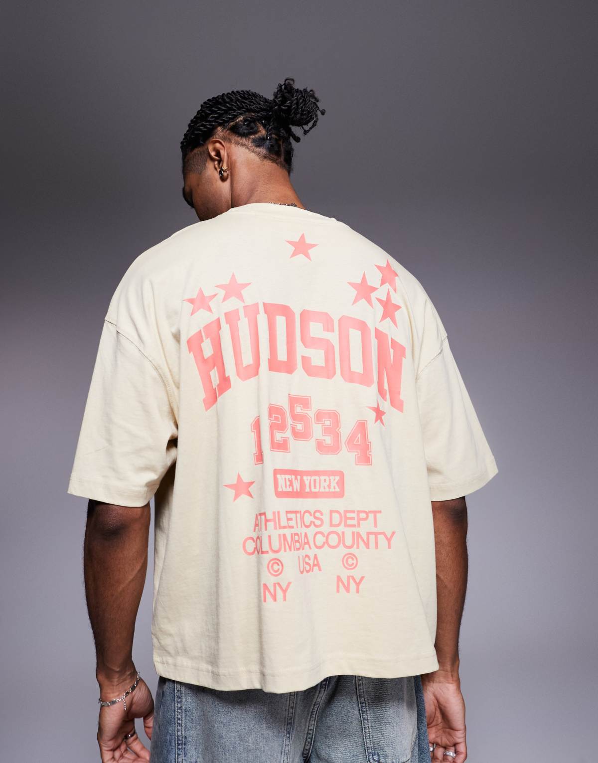 ASOS DESIGN boxy oversized t-shirt with sports graphic in beige