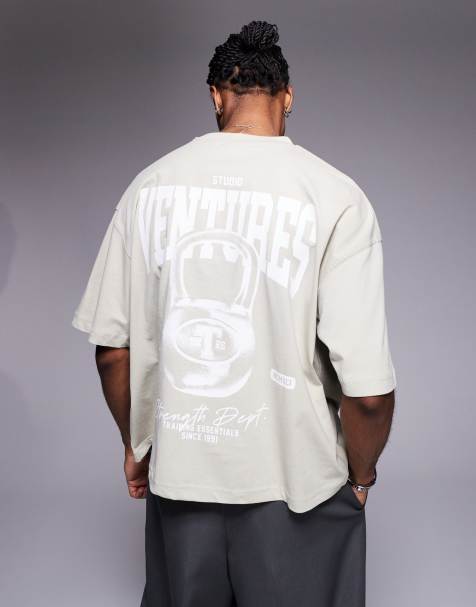 ASOS DESIGN boxy oversized T-shirt with sports graphic in beige - view 1