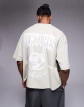ASOS DESIGN boxy oversized T-shirt with sports graphic in beige