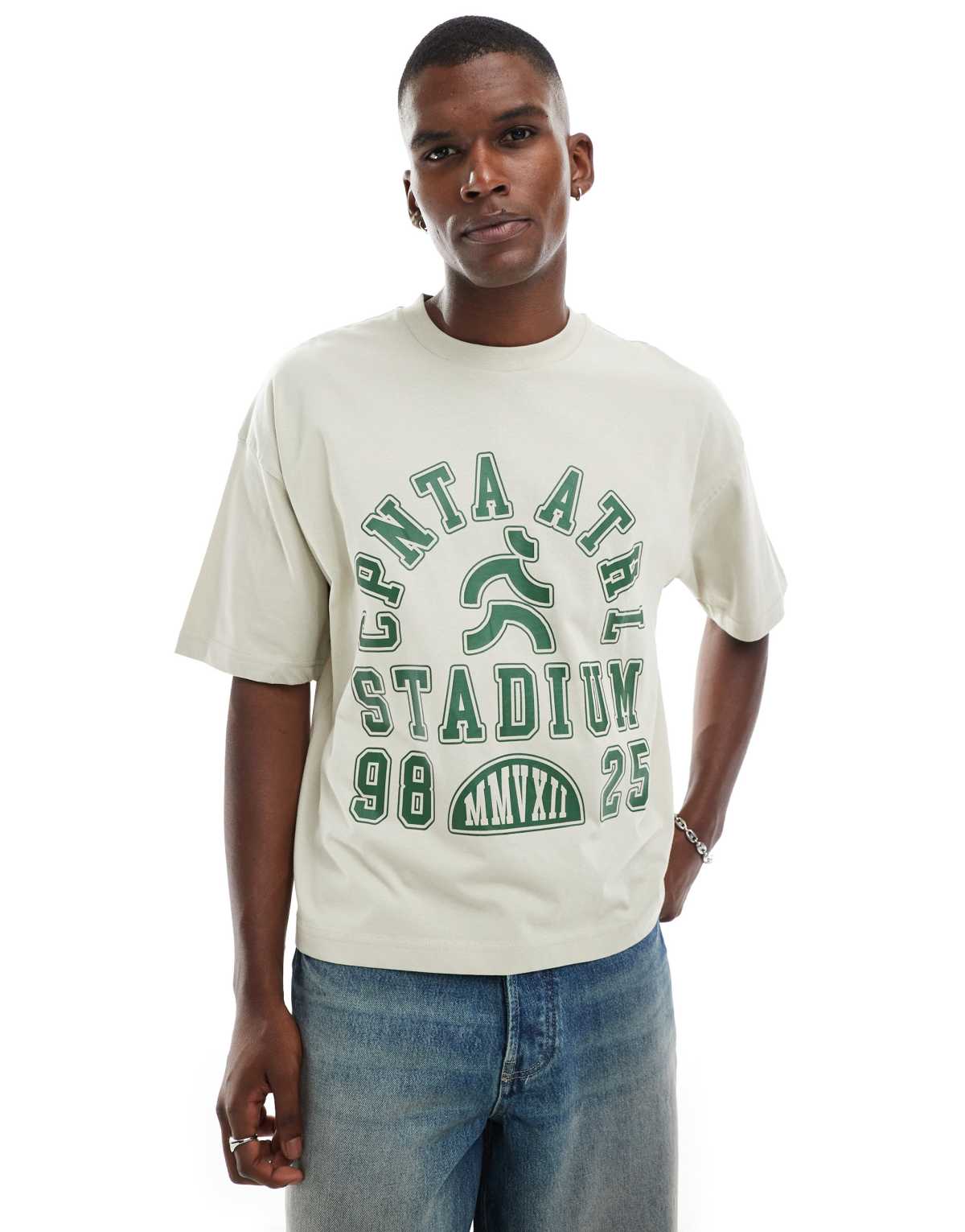 ASOS DESIGN boxy oversized t-shirt with sports graphic in beige