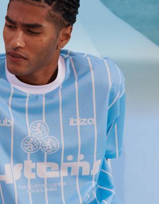 ASOS DESIGN boxy oversized t-shirt with sports graphic in blue stripe
