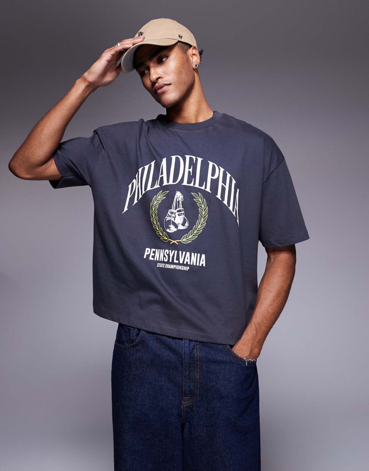 ASOS DESIGN boxy oversized t-shirt with sports graphic in charcoal