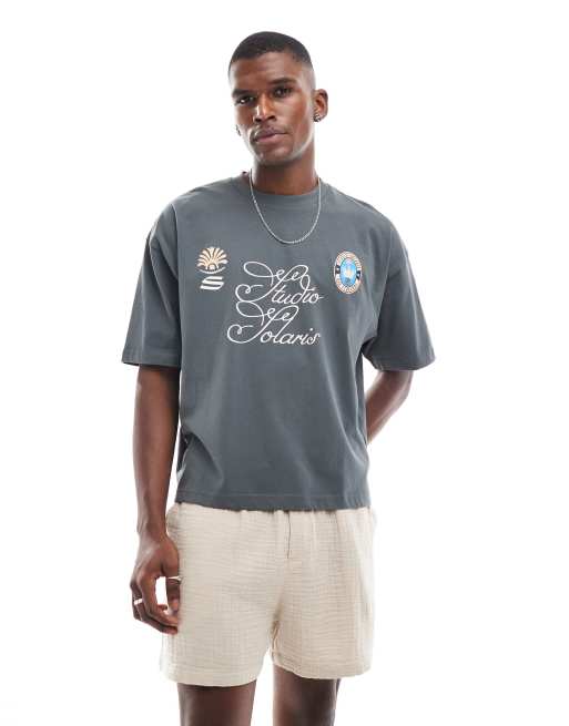 ASOS DESIGN boxy oversized t-shirt with sports graphic in charcoal