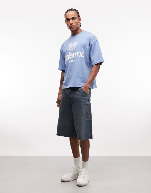 ASOS DESIGN boxy oversized t-shirt with sports graphic in washed blue, 2 of 5