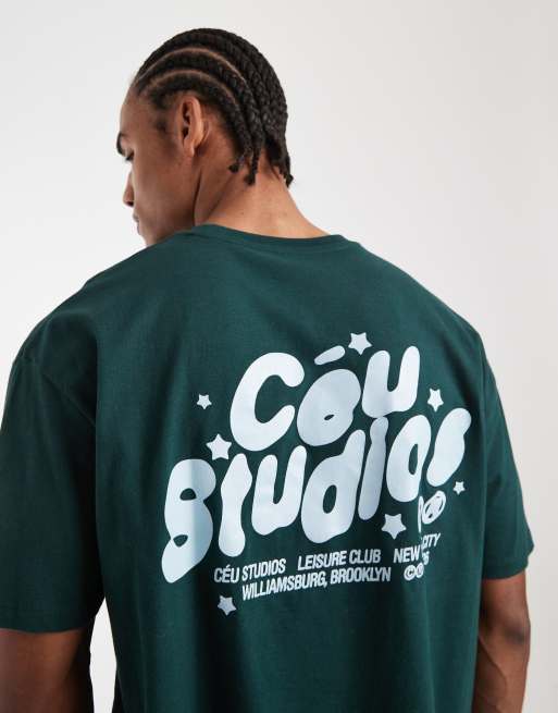 ASOS DESIGN boxy oversized t-shirt with studios graphic in dark green, 5 of 5