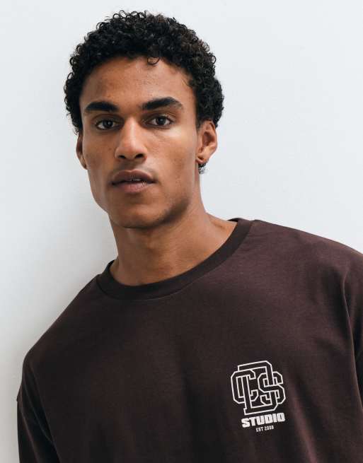ASOS DESIGN boxy oversized t-shirt with text embroidery in brown, 3 of 5