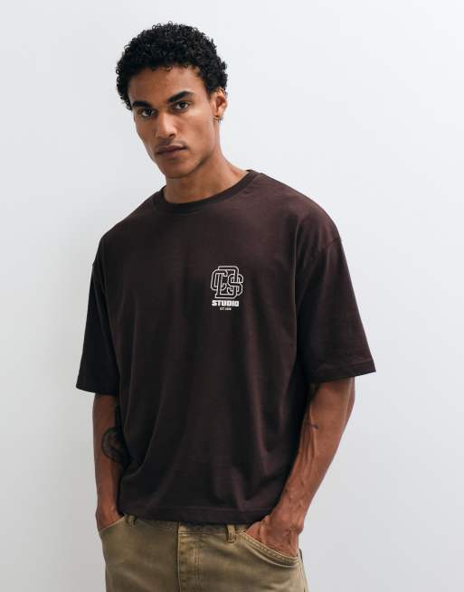 ASOS DESIGN boxy oversized t-shirt with text embroidery in brown, 5 of 5