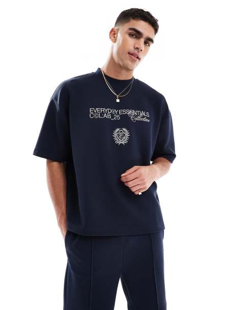ASOS DESIGN boxy oversized T-shirt with text embroidery in heavyweight 300gsm navy texture - view 1