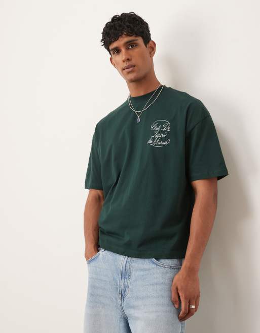 ASOS DESIGN boxy oversized T-shirt with text graphic in dark green