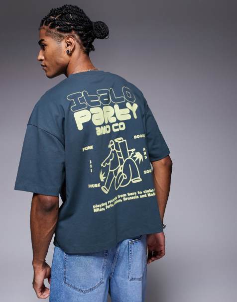 ASOS DESIGN boxy oversized t-shirt with text graphic in grey blue - view 1
