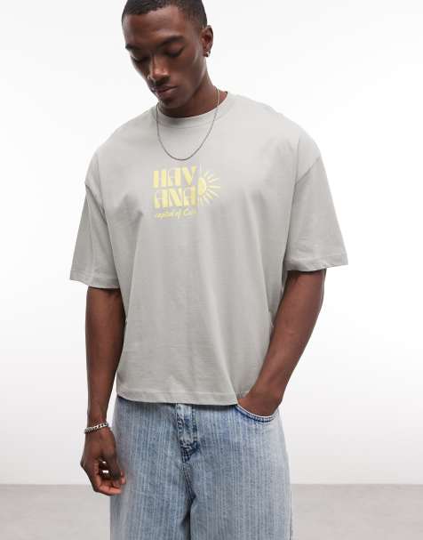 ASOS DESIGN boxy oversized t-shirt with text graphic in khaki