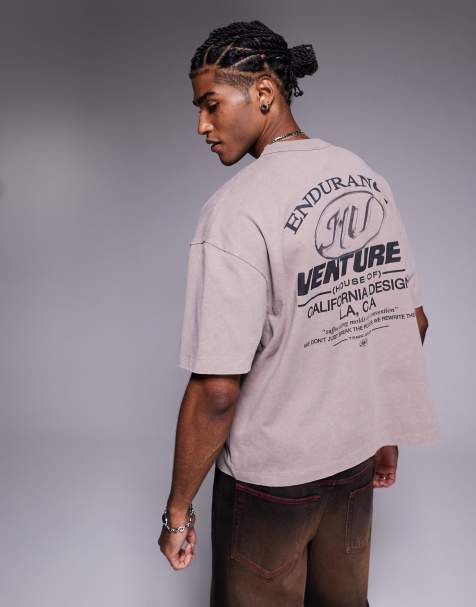 ASOS DESIGN boxy oversized t-shirt with text graphic in washed brown - view 1