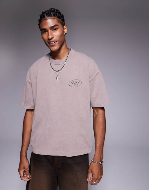 ASOS DESIGN boxy oversized t-shirt with text graphic in washed brown