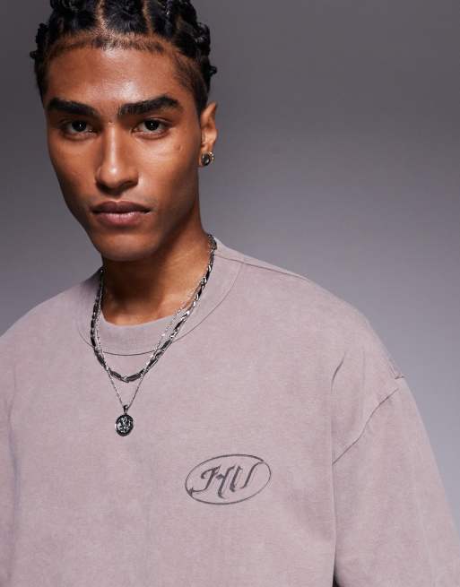 ASOS DESIGN boxy oversized t-shirt with text graphic in washed brown