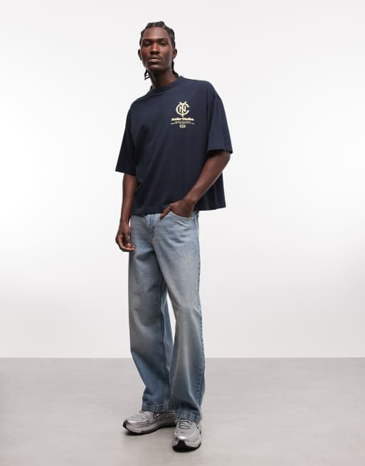 ASOS DESIGN boxy oversized t-shirt with text graphic in washed navy, 2 of 5