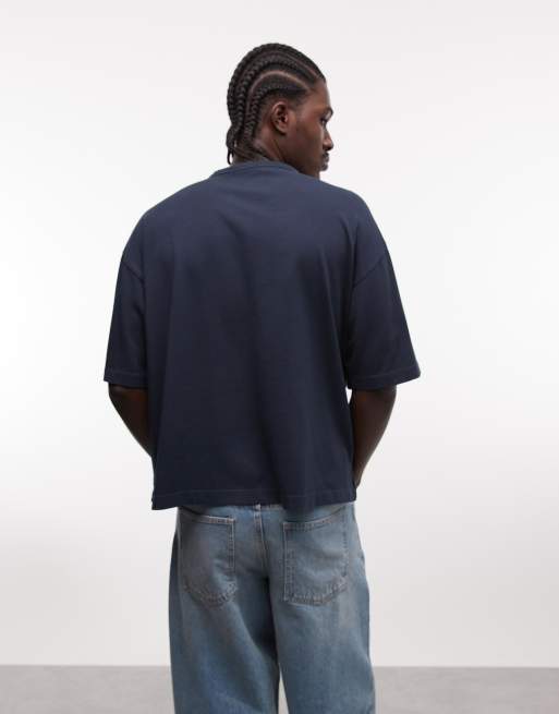 ASOS DESIGN boxy oversized t-shirt with text graphic in washed navy, 5 of 5