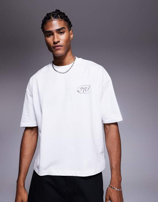 ASOS DESIGN boxy oversized t-shirt with text graphic in white