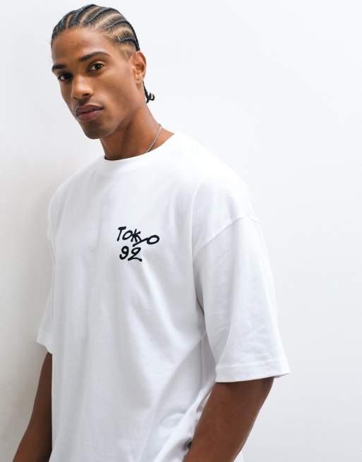 ASOS DESIGN boxy oversized t-shirt with Tokyo chest graphic in white, 3 of 5