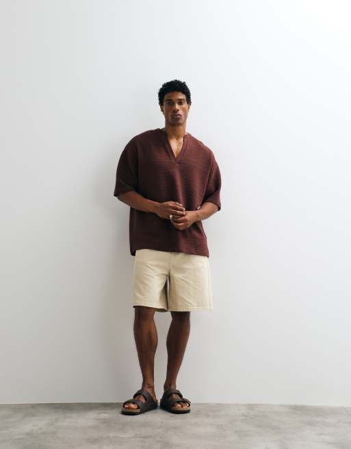 ASOS DESIGN boxy oversized t-shirt with v neck in brown texture, 3 of 5