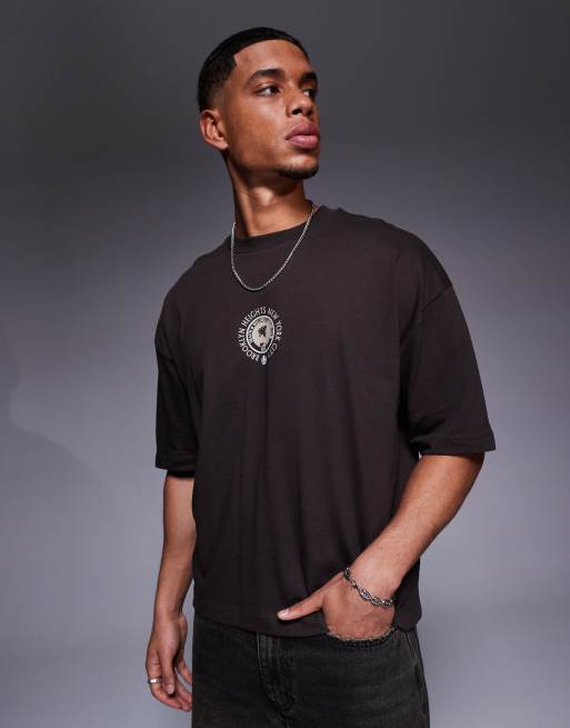 ASOS DESIGN boxy oversized t-shirt with varsity graphic in brown, 3 of 4
