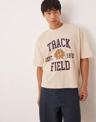 [ASOS DESIGN] ASOS DESIGN boxy oversized t-shirt with varsity graphic in neutral 3XL Frosted almond